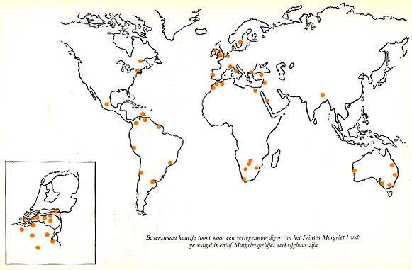 Kaartje waarop te zien is waar ter wereld vertegenwoordigers van het Prinses Margriet Fonds gevestigd zijn en/of Margrietspeldjes verkrijgbaar zijn