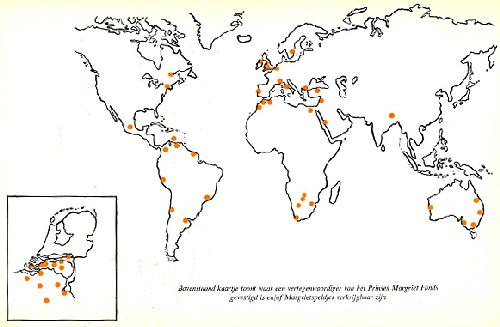 Kaartje waarop te zien is waar ter wereld vertegenwoordigers van het Prinses Margriet Fonds gevestigd zijn en/of Margrietspeldjes verkrijgbaar zijn