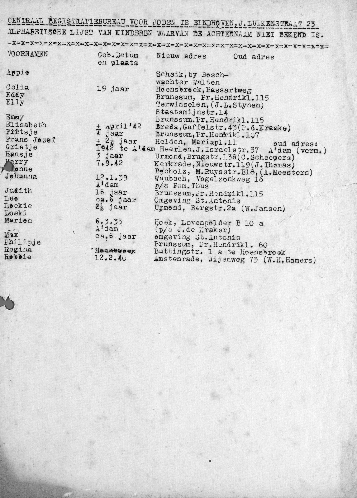 Namenlijst, uitgegeven door het CRBJ, met de namen van 20 kinderen waarvan achternaam onbekend is, 1945 